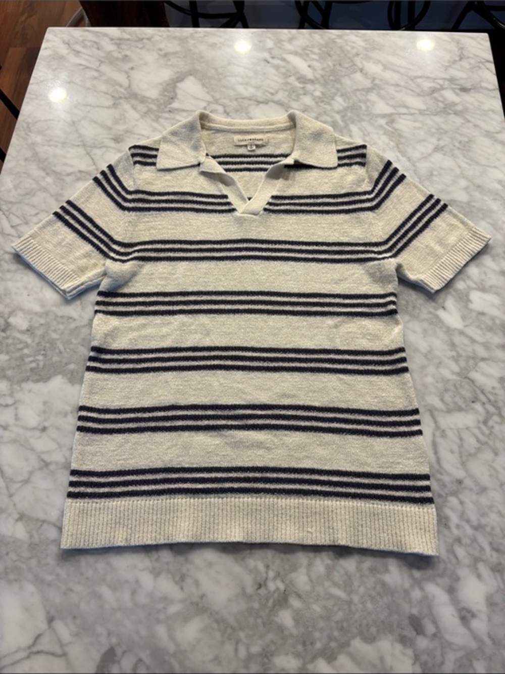 Lucky Brand Cream Short-Sleeve Polo with Navy Stripe